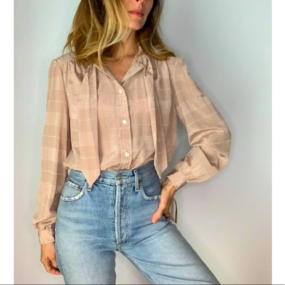 Tops - NWT Vintage Dead Stock Stripped Pussy Bow Beige Blouse